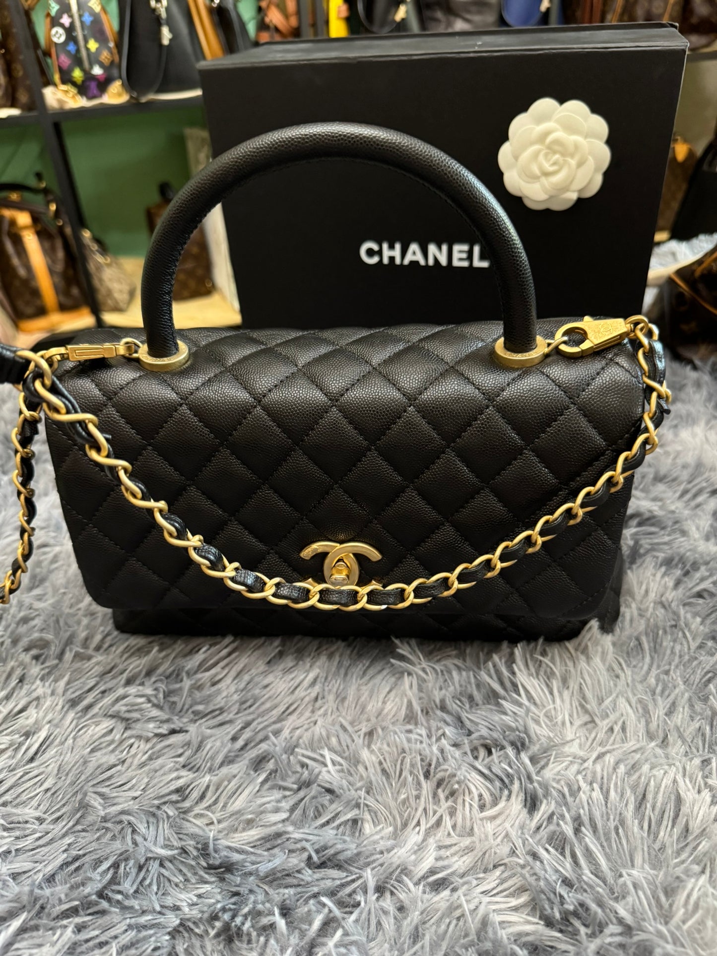 Chanel Medium Top Handle in Black Caviar Leather with Gold Hardware