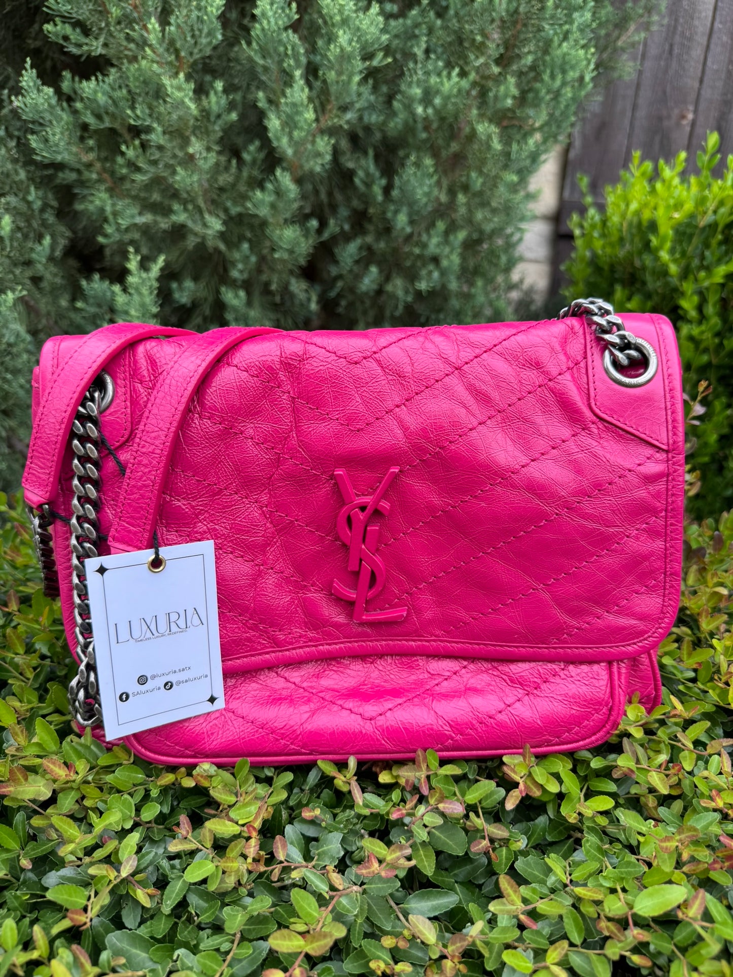 Saint Laurent Niki Medium in Hot Pink Crinkled Leather