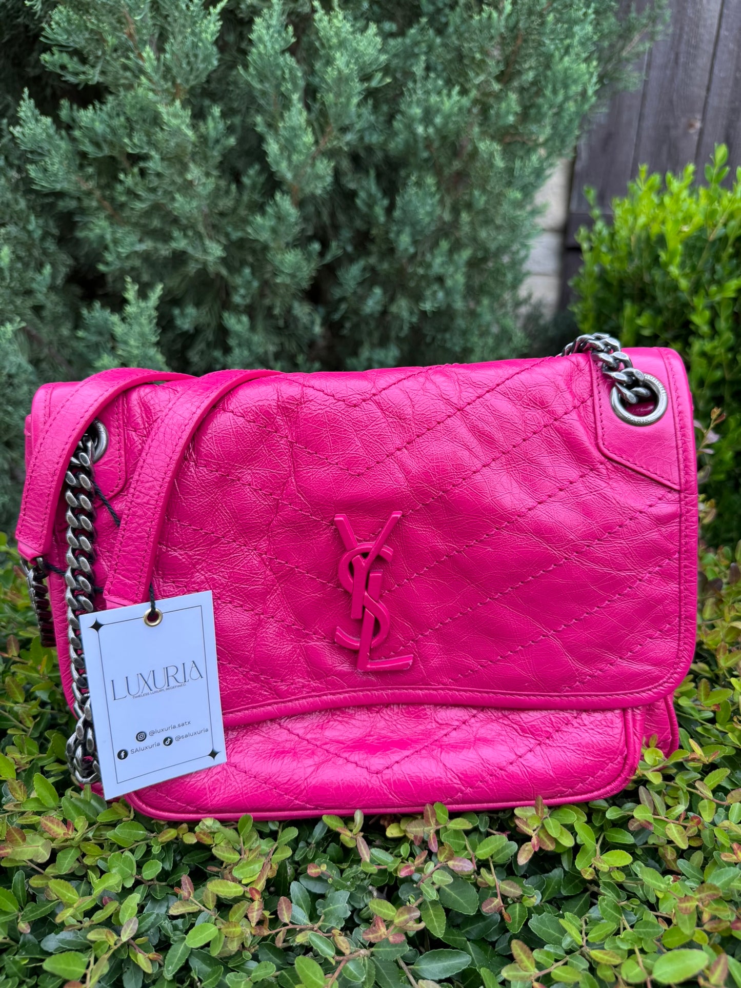 Saint Laurent Niki Medium in Hot Pink Crinkled Leather