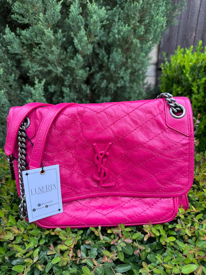 Saint Laurent Niki Medium in Hot Pink Crinkled Leather