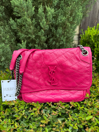 Saint Laurent Niki Medium in Hot Pink Crinkled Leather