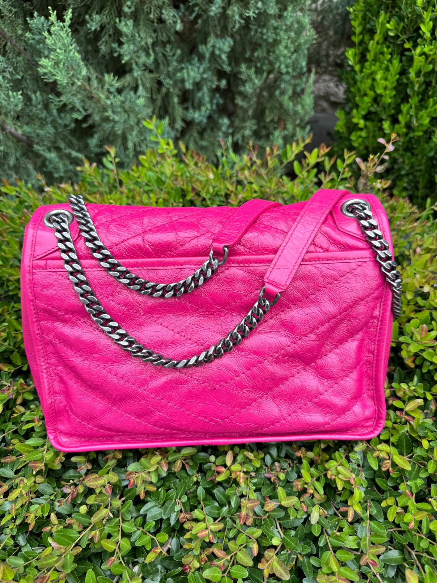 Saint Laurent Niki Medium in Hot Pink Crinkled Leather