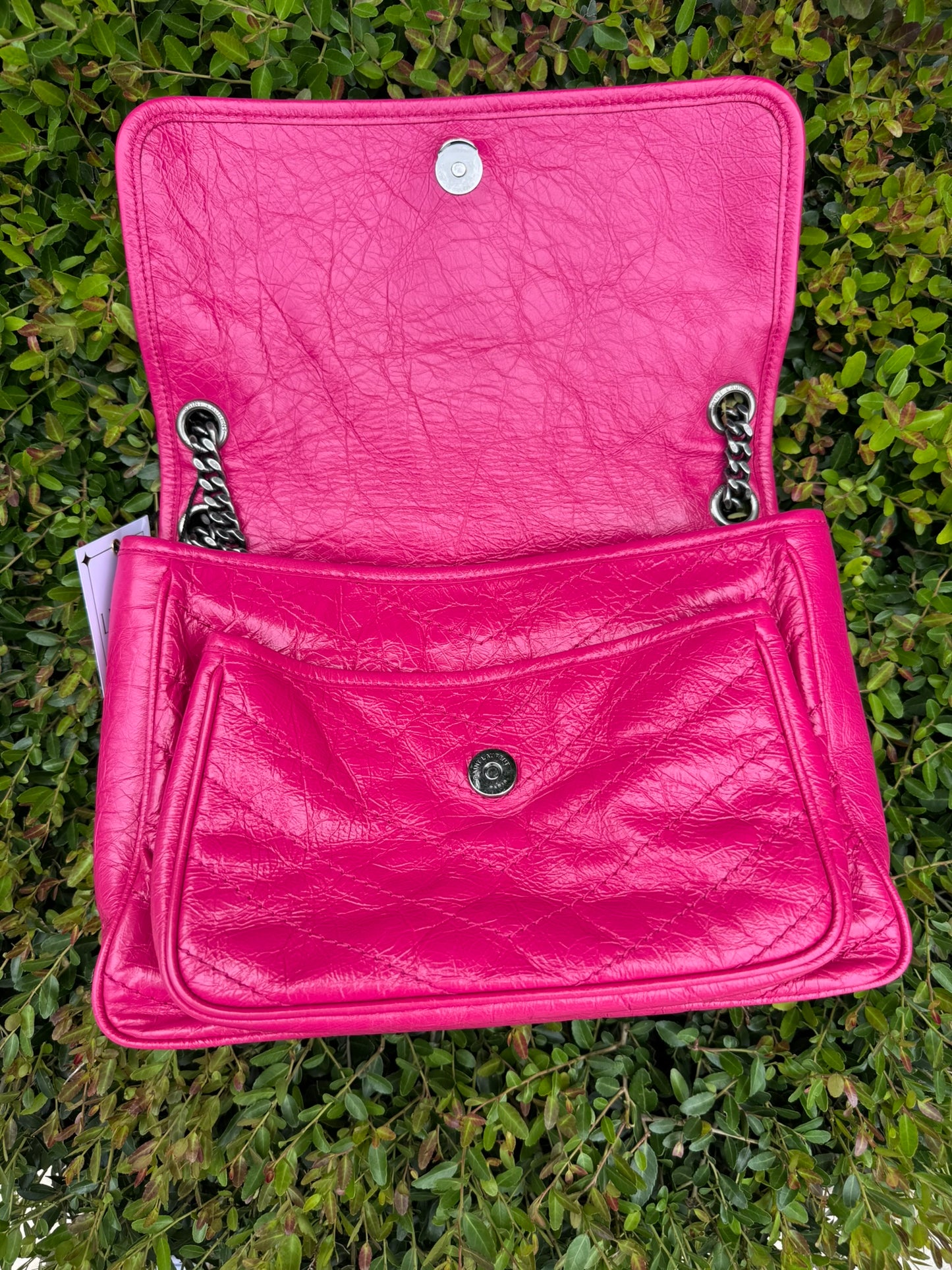Saint Laurent Niki Medium in Hot Pink Crinkled Leather