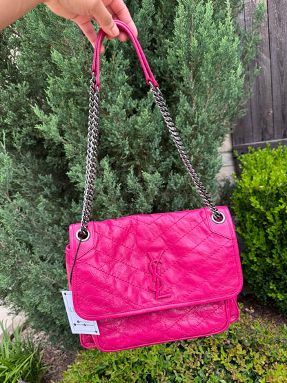 Saint Laurent Niki Medium in Hot Pink Crinkled Leather