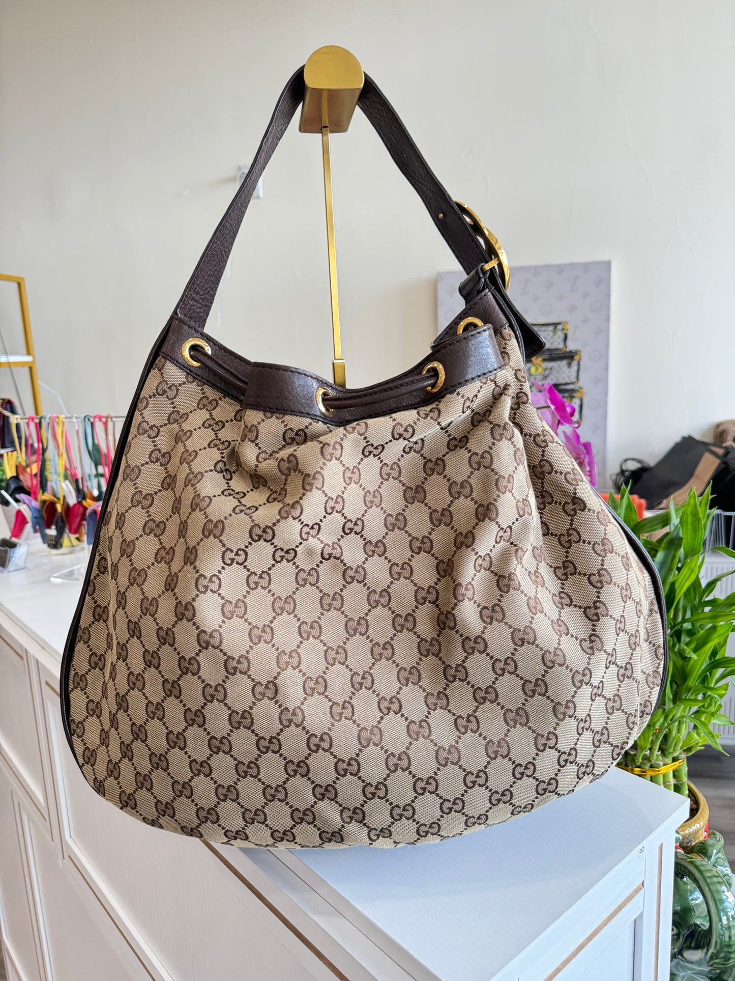 Gucci GG Drawstring Hobo Bag in Monogram Canvas