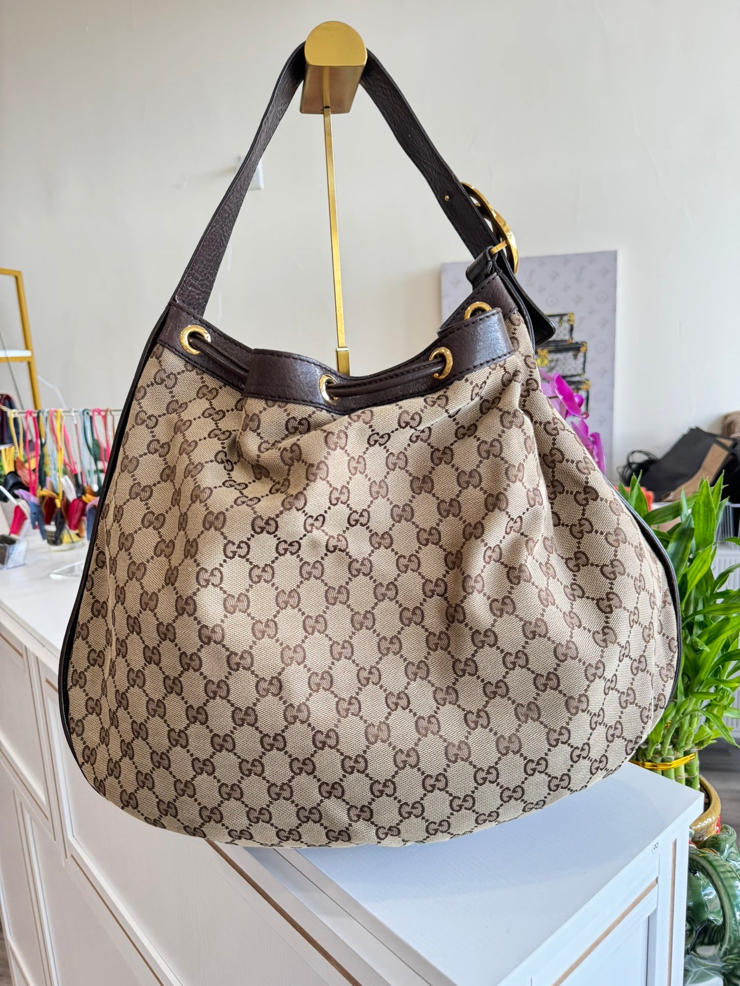 Gucci GG Drawstring Hobo Bag in Monogram Canvas