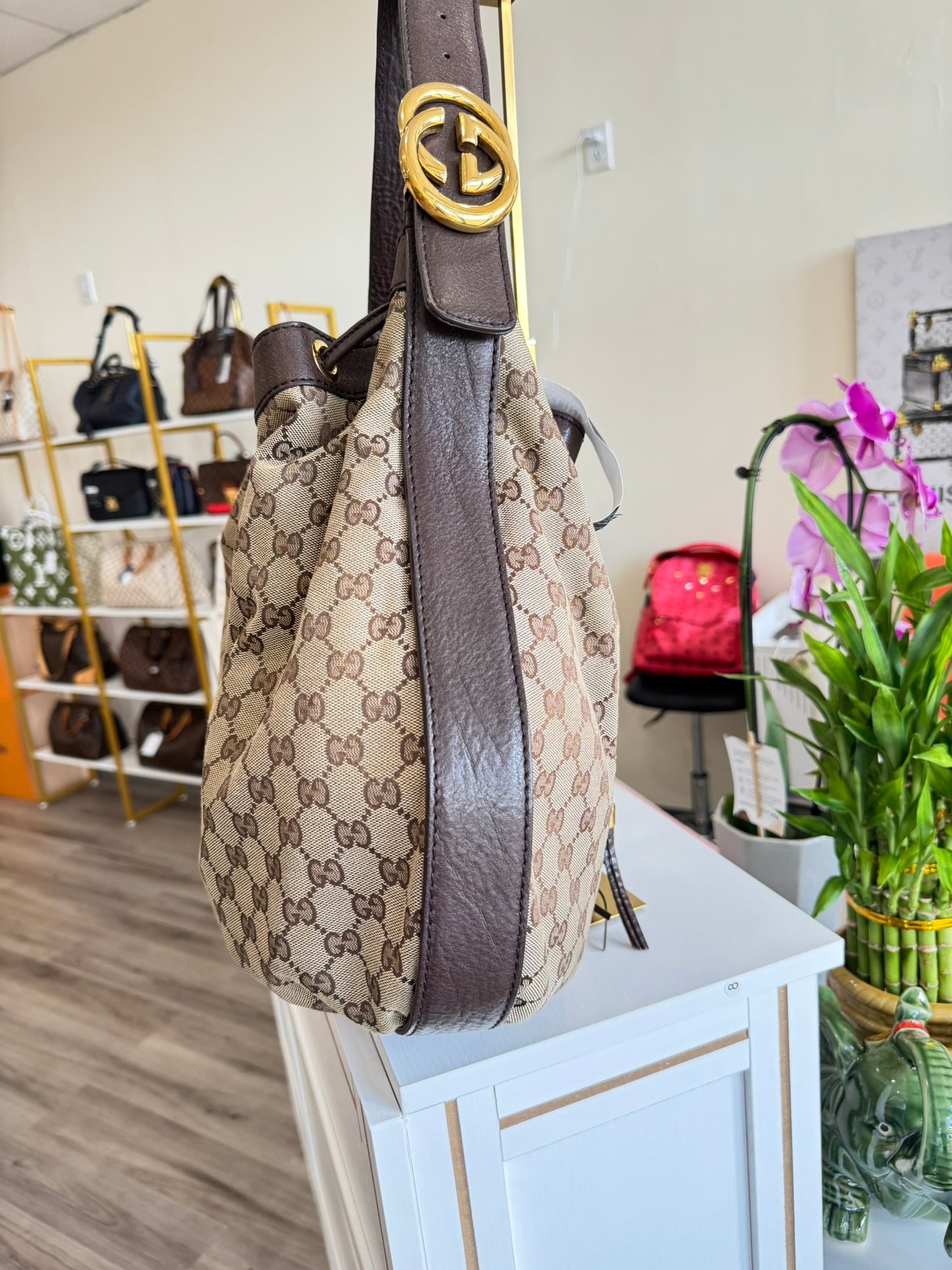 Gucci GG Drawstring Hobo Bag in Monogram Canvas