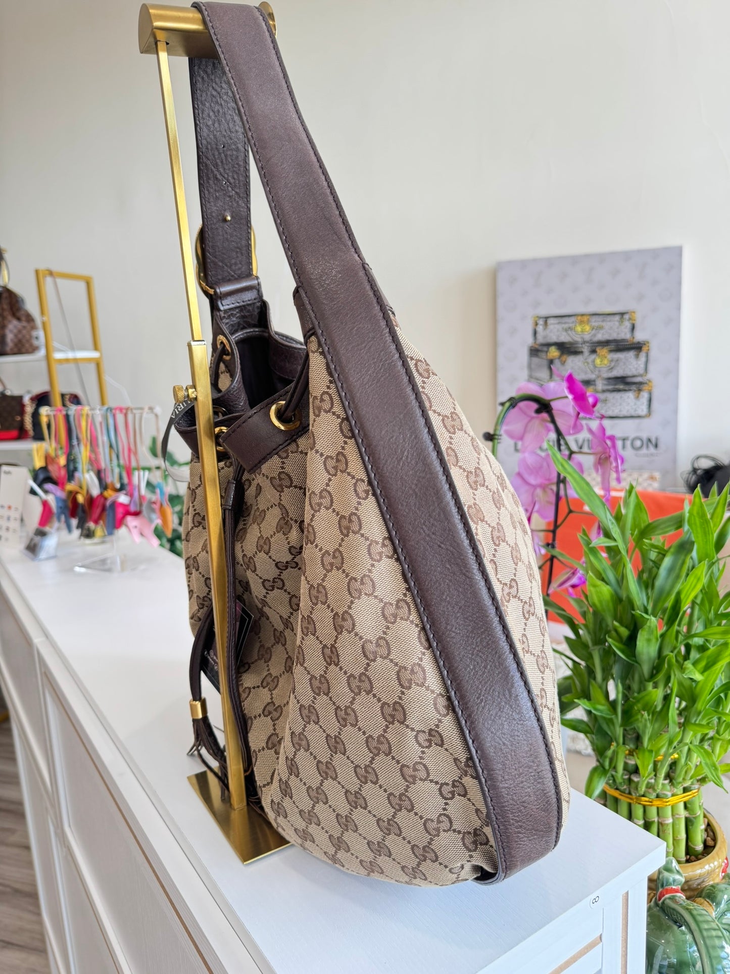 Gucci GG Drawstring Hobo Bag in Monogram Canvas