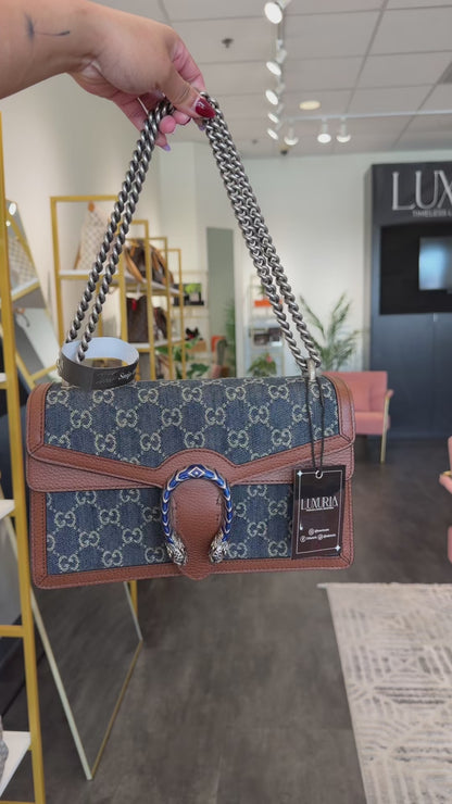 Gucci Dionysus GG Denim – Brown Leather Trim