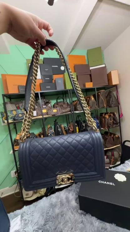 Chanel Le Boy Medium in Navy Blue Caviar Leather with Silver Hardware